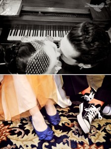 Orange Groom Socks and Orange Bridal Petticoat Under the Wedding Dress, Birdcage Veil